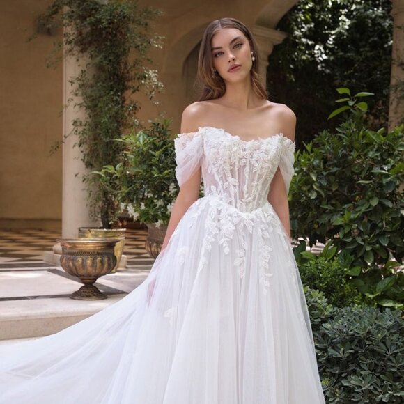 New Off White Wedding Floral Long Tulle Gown w/ Off Shoulder Sleeves CD WL089 - Picture 1 of 14
